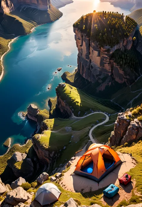 extreme camping on cliffs, brave campers choose to set up tents on the edge of cliffs and use professional equipment to ensure s...