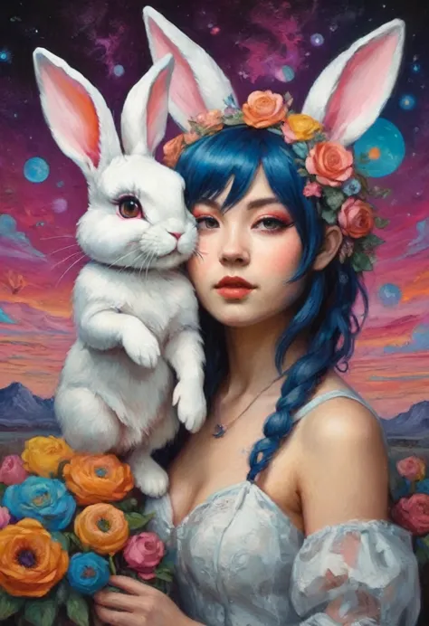 iridium bunny girl ((hannah yata style!!!)), pop surrealism in acrylic, colorful, the highest detail, ((masterpiece)), ((single ...