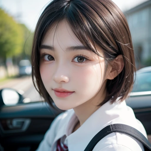 ((Cute 15 year old Japanese))、on the road、Highly detailed face、Pay attention to the details、double eyelid、Beautiful thin nose、Sharp focus:1.2、Beautiful woman:1.4、Short Bob Cut、Pure white skin、highest quality、masterpiece、Ultra-high resolution、(Realistic:1.4)、Highly detailed and professional lighting、nice smile、Japanese school girl uniform