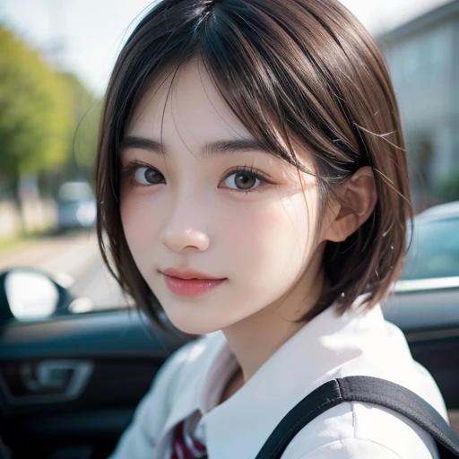 ((Mignon japonais de 15 ans))、sur la route、visage très détaillé、Faites attention aux détails、Double paupière、Beau nez fin、netteté:1.2、Belle femme:1.4、Coupe courte au carré、peau d&#39;un blanc pur、la plus haute qualité、chef-d&#39;œuvre、Ultra haute résolution、(réaliste:1.4)、Éclairage très détaillé et professionnel、joli sourire、uniforme d&#39;écolière japonaise