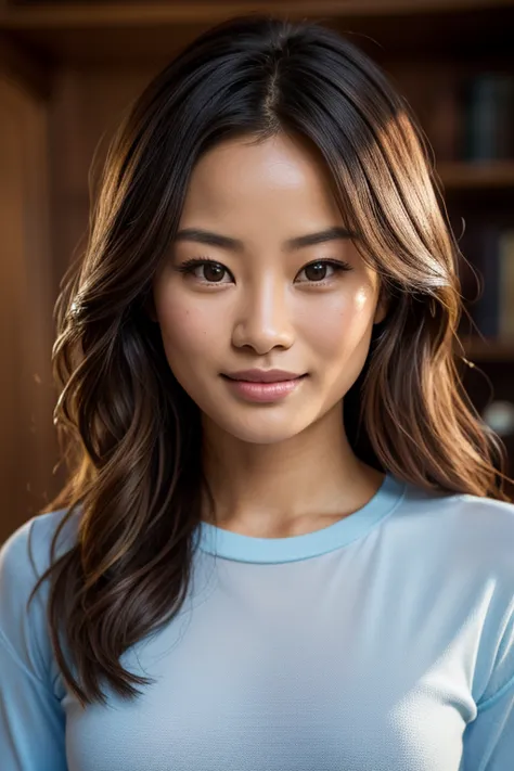 jamie chung portant un shirt moulant et transparent (dans une chambre), very detailed, visage innocent, natural wavy hair, high ...