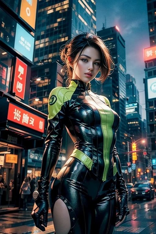 (8K, arte oficial、CG)、hermoso y estetico、encanto, Muy detallado, Hermosa mujer montando una motocicleta de alta tecnología de color verde claro、((cara delicada、ojos y rostro detallados、Doble párpado))、Mujer adulta con labios rojos、Updo marrón oscuro、Traje de jinete azul claro、botas、Muy detallado衣装、Vista nocturna de la ciudad, Ella está parada en una calle llena de rascacielos.. La vista nocturna de la ciudad es brillante., Añade un toque de tecnología.Luces de neón, etc.. , Equipamiento de alta tecnología y diseño arquitectónico..  Esta resolución ultra alta, Las imágenes de alta calidad le brindan un gran disfrute visual., iluminación dramática, calidad premiada