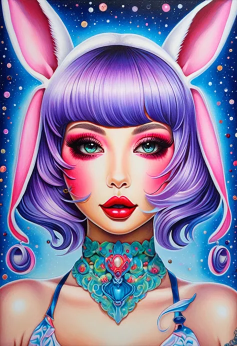 iridium art, bunny girl ((hannah yata style!!!)), pop surrealism in acrylic, colorful, the highest detail, ((masterpiece)), ((si...