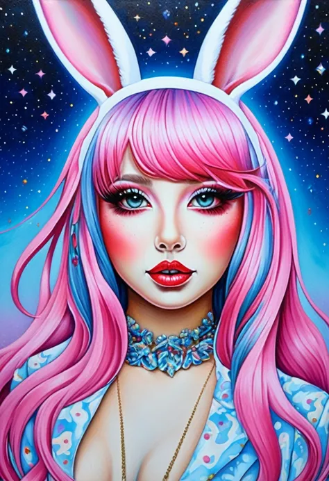 Iridium art, bunny girl ((hannah yata style!!!)), pop surrealism in acrylic, colorful, the highest detail, ((masterpiece)), ((si...