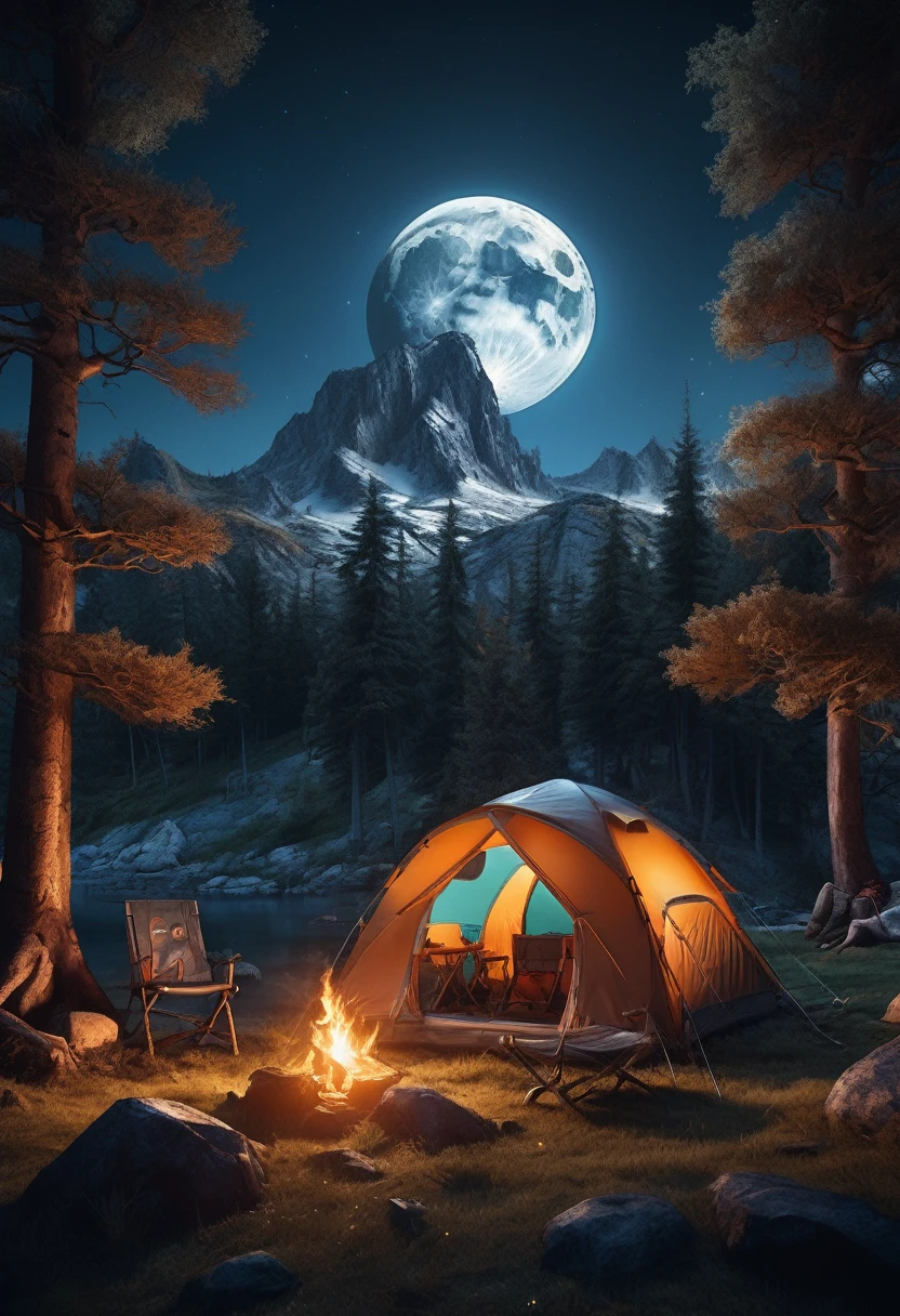 outdoor camping, Camping under a double moon, detailed matte painting, deep color, fantastical, intricate detail, splash screen, complementary colors, fantasy concept art, 8k resolution trending on Artstation Unreal Engine 5