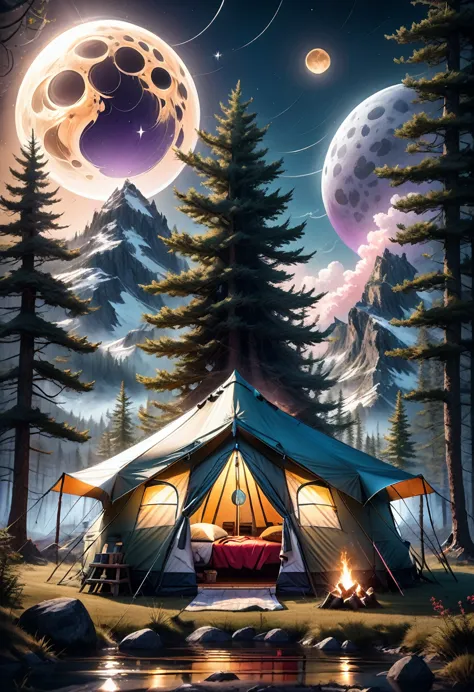 outdoor camping, Camping under a double moon, detailed matte painting, deep color, fantastical, intricate detail, splash screen,...