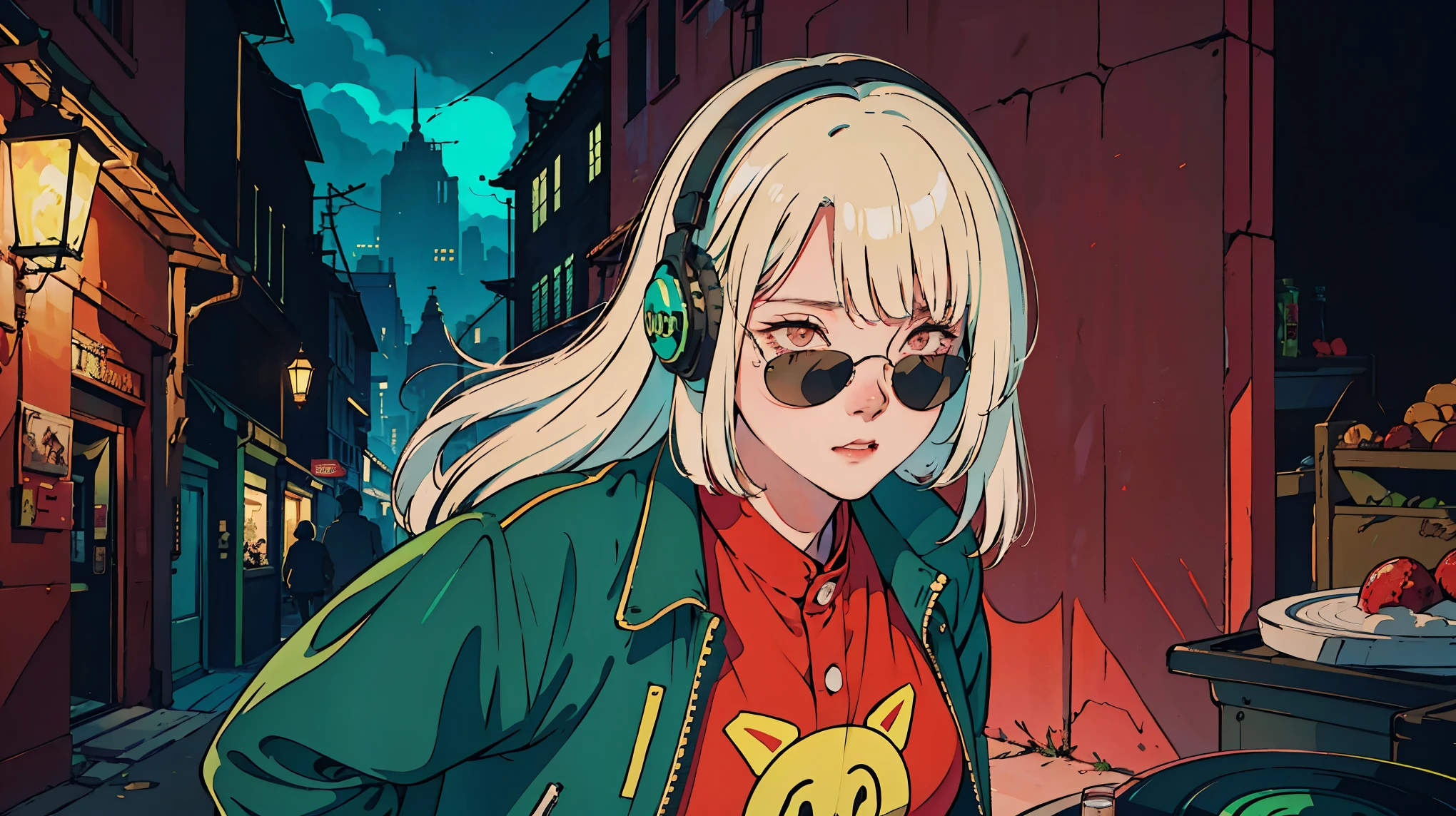 Beautiful Korean Women、one person, one personの女性, Ash Blonde Hair, headphone, He is wearing a leather jacket and red sunglasses., Turntable behind her, Black cat,  Charming character, action, Gadget Punk, solapunk, Colorful street scene, Crimson and amber, Neon Black, Soft lighting, night, nighttime, Realistic, red lighting, Green Lighting, Hard Shadows, masterpiece, highest quality, complicated, Model shooting style, Vintage, Film Grain, Incomplete details