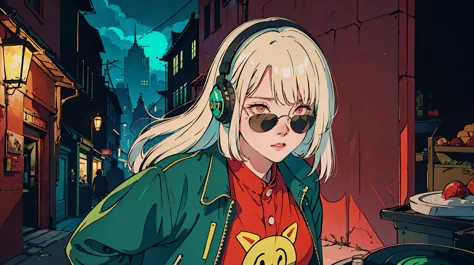 Beautiful Korean Women、one person, one personの女性, Ash Blonde Hair, headphone, He is wearing a leather jacket and red sunglasses....