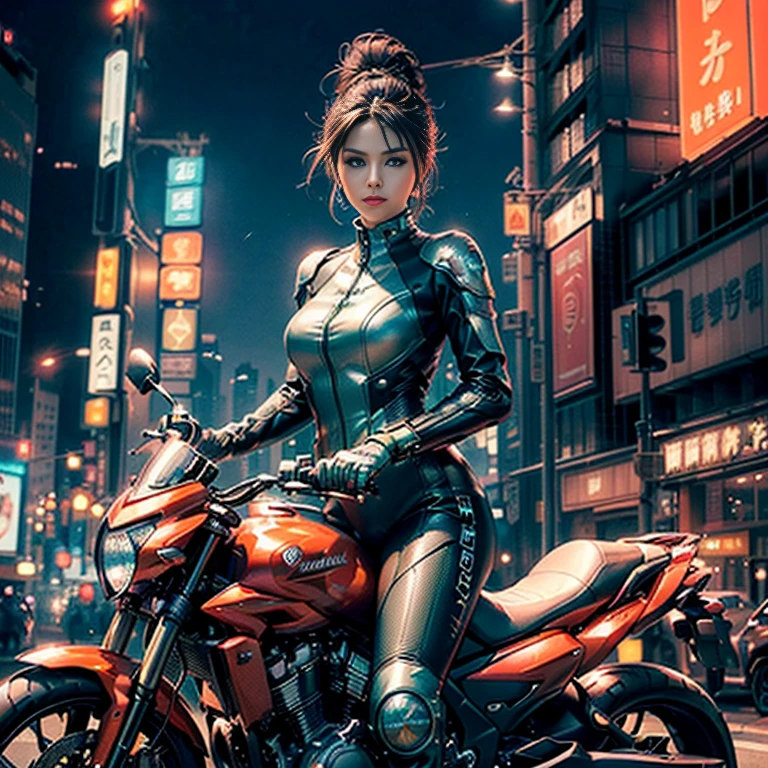(8k, Official Art、CG)、Beautiful and aesthetic、Charm, Very detailed, (Beautiful woman riding a light green high-tech motorcycle:1.2)、((Delicate face、Detailed eyes and face、double eyelid、Red lipature adult woman、Dark brown updo、Rider Suit、boots、Very detailed costume、City night view, She is standing on a street lined with skyscrapers. The night view of the city is bright, Add a touch of technology.Neon lights etc. , High-tech equipment and architectural design.  Ultra-high resolution, highest quality, 8k,masterpiece、ultra HD、Dramatic lighting, Award-winning quality、Bike Focus