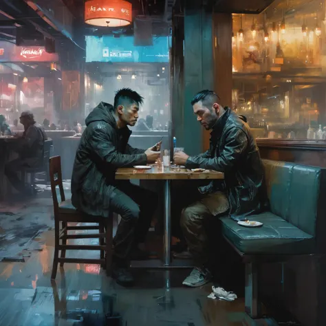 painting of a man sitting at a table in a restaurant, inspired by Liam Wong, craig mullins style, by Liam Wong, cyberpunk homele...