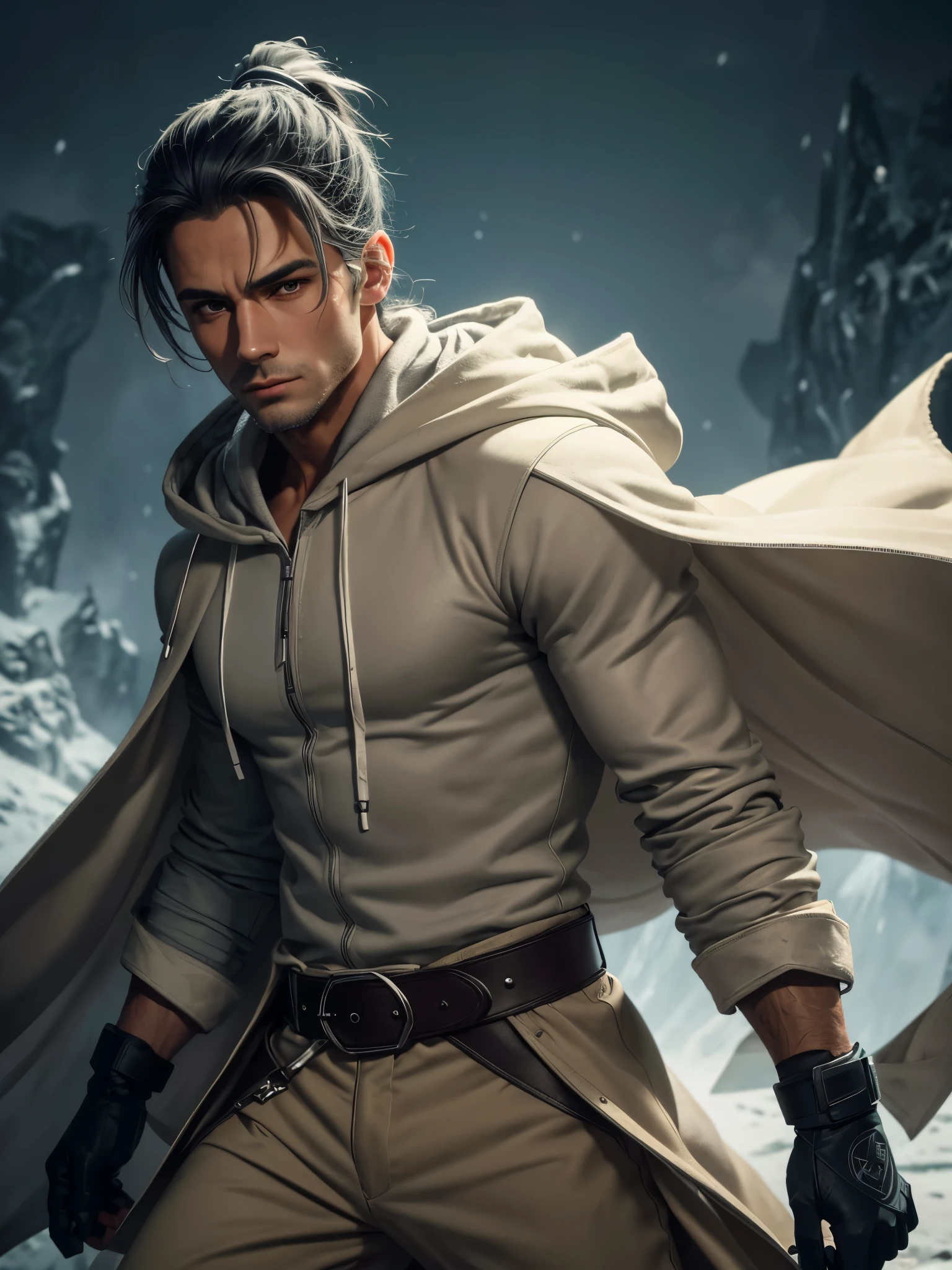 detailed portrait of a man in his 20s with gray ponytail and gray eyes,man wearing white hooded cape, green shirt, beige pants and gloves, belt and boots, masculine pose, icy cold background, psychedelic colors, masterpiece, 8k, ultra-detailed, realistic, cinematic lighting, dramatic atmosphere