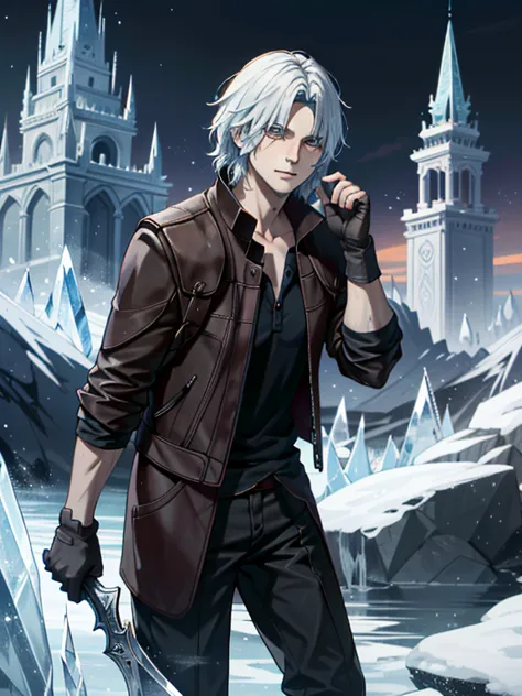 ((ultra detallado, obra maestra, absurdos))
dmc5dante, 1 chico, solo, cabello corto, pelo blanco, ice castle in a frozen wastela...