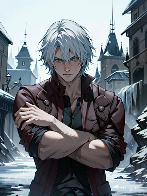 ((ultra detallado, obra maestra, absurdos))
dmc5dante, 1 chico, solo, cabello corto, pelo blanco, ice castle in a frozen wastela...