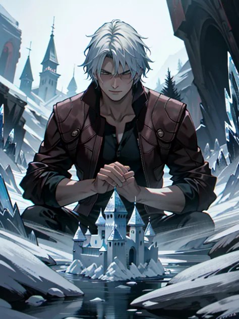 ((ultra detallado, obra maestra, absurdos))
dmc5dante, 1 chico, solo, cabello corto, pelo blanco, ice castle in a frozen wastela...