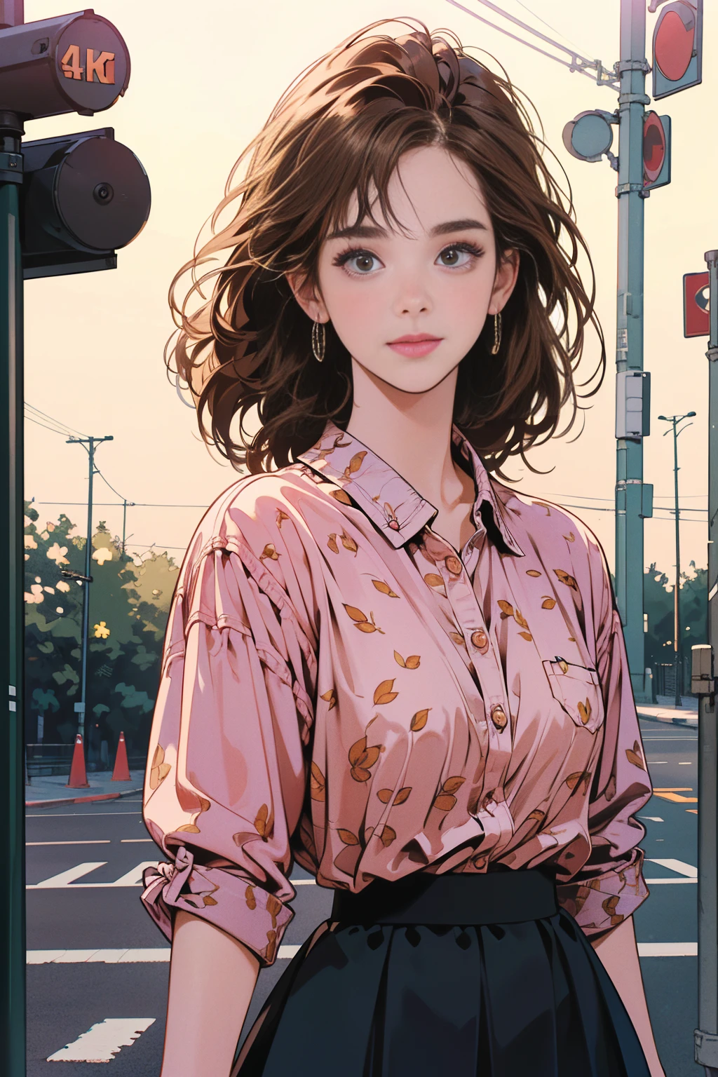 a beautiful woman, detailed face, detailed hair, smiling, light brown hair, warm expression, 1 woman, full body, blouse, skirt, crosswalk, intersection, complex background, subtle lighting, motion blur, (best quality,4k,8k,highres,masterpiece:1.2),ultra-detailed,(realistic,photorealistic,photo-realistic:1.37),pattern