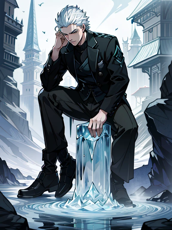 ((ultra detallado, obra maestra, absurdos))
DMC5Vergil, 1 chico, solo, cabello corto, pelo blanco, Ice castle in a frozen wasteland, cristales de hielo brillantes, de pie con los brazos cruzados, emanando una presencia real