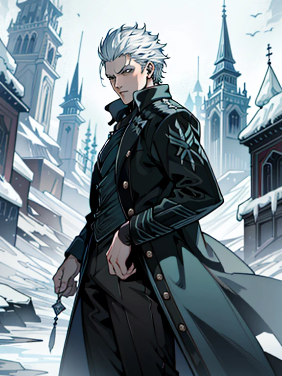 ((ultra detallado, obra maestra, absurdos))
DMC5Vergil, 1 chico, solo, cabello corto, pelo blanco, Ice castle in a frozen wasteland, cristales de hielo brillantes, de pie con los brazos cruzados, emanando una presencia real