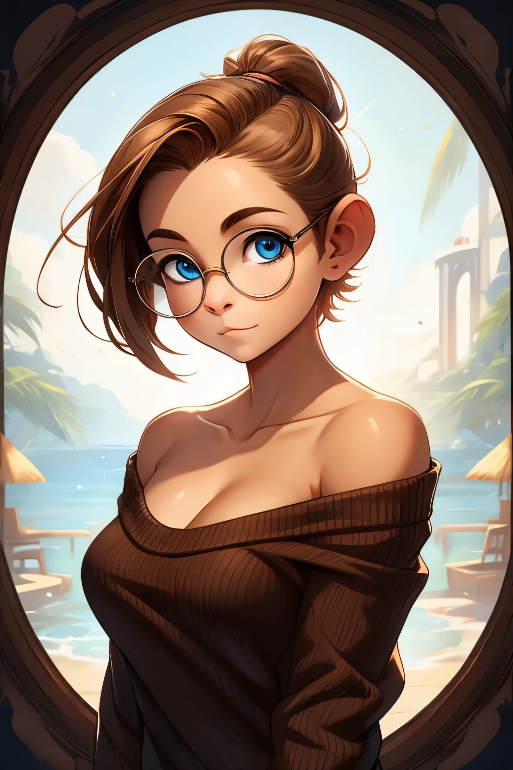 Female monkey, furry, light brown fur, side swept hair, half shaved head, short hair, monkey ears, busty chest, hourglass figure, off shoulder sweater, light blue eyes, circular framed glasses, long monkey tail, beautiful, correct anatomy, no human features