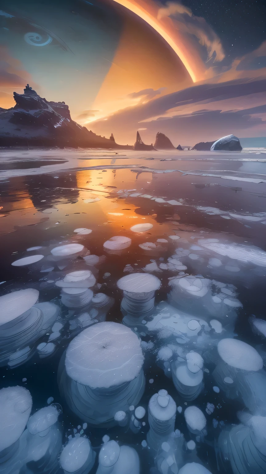 Ficar na praia do oceano de metano de Titã e olhar para Saturno e seus anéis parcialmente visíveis no céu seria uma experiência extraordinária e surreal. : A própria praia seria composta de materiais gelados e rochosos, com uma mistura de hidrocarbonetos congelados. O solo seria sólido sob os pés, mas com uma textura um pouco semelhante a uma muito fria, areia ou cascalho congelados., o oceano seria composto de metano e etano líquidos. As ondas, if present, lamberia suavemente a costa, com um desmaio, som de chapinhar. O líquido pareceria um pouco claro, mas com um brilho ligeiramente oleoso, refletindo a luz abafada. Alto acima, Saturno dominaria uma parte do céu, aparecendo como uma esfera imensa, parcialmente visível. O planeta seria várias vezes maior que a Lua vista da Terra, proporcionando uma visão dramática e inspiradora. Nuvens de metano e etano poderiam flutuar pelo céu, adicionando camadas de profundidade e movimento. Ocasionalmente, você pode testemunhar uma suave chuva de metano, com pequenas gotas criando ondulações na superfície do oceano e adicionando uma leve névoa ao ar. o esquema de cores geral variaria de laranjas e marrons profundos a amarelos suaves. Mais perto do horizonte, a névoa provavelmente pareceria mais escura, quase cor de ferrugem, enquanto o zênite (o ponto diretamente acima) seria mais claro, Um laranja nebuloso., bolhas de metano congeladas. dominando o céu, os anéis de Saturno se estendem como um enorme, arco-íris etéreo, seus tons suaves de branco, Cinza, e marrom claro cortando o brilho laranja. As ondas de metano líquido lamberiam suavemente a costa, refletindo a luz âmbar difusa.