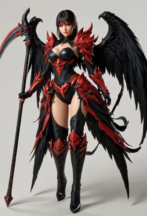 (best quality,4k,highres,masterpiece:1.2),ultra-detailed,(realistic,photorealistic:1.37),(highest quality), (detailed), Light Layer, Shiny skin, (intricate detailed, Tight clothes, Devil's Wings, hair ornaments:1.2), From above, Black Hair, Black choker, Long Hair, Hime cut, woman, Blunt bangs, Side Lock, Red eyes, Holding a walking stick,Holding a scythe,Holding a sword, (young woman:1.1), Side Ponytail  (Simple Background:1.1),  