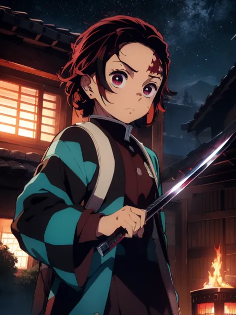 Kamado Tanjiro con una katana en la mano., Flames and cuts of blue and red fire are everywhere., cara determinada, imagen de ult...