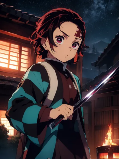 kamado tanjiro con una katana en la mano., flames and cuts of blue and red fire are everywhere., cara determinada, imagen de ult...