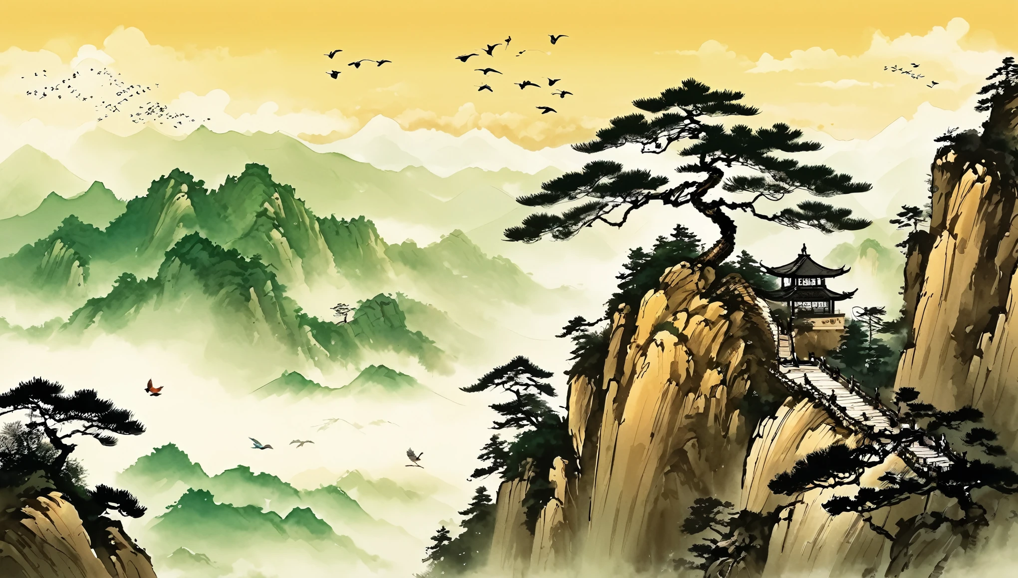 Super detailed，Chinese ink painting style，Chinese landscapes，Huangshan，A cute Chinese boy，Dressed in ancient Chinese costume，Sword dance on the mountain top。The welcoming pine tree stands tall，Birds circling in the sky