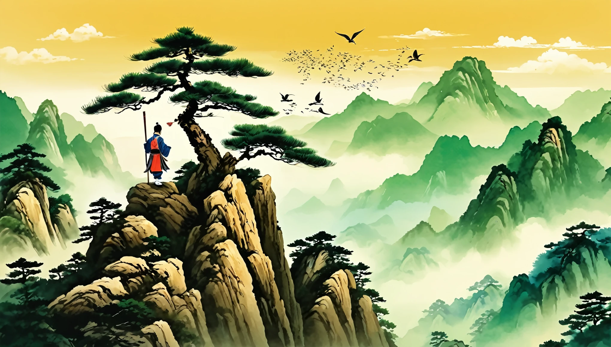 Super detailed，Chinese ink painting style，Chinese landscapes，Huangshan，A cute Chinese boy，Dressed in ancient Chinese costume，Sword dance on the mountain top。The welcoming pine tree stands tall，Birds circling in the sky