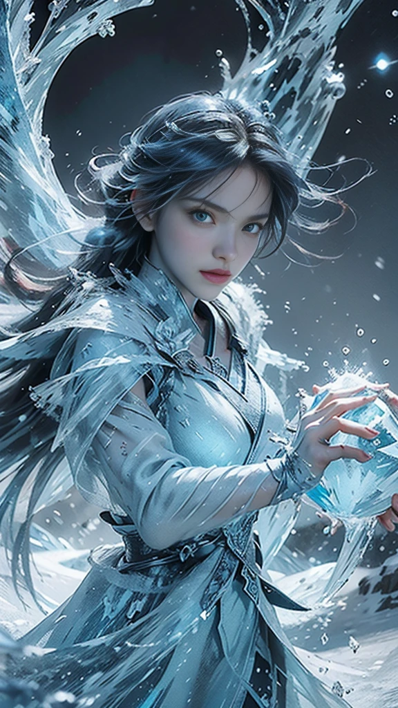 (((1 girl)))，imperial water，magician，（loose dress：1.5），（perfect facial features：1.4），（dodger blue armored dresysterious magic array：1.2），Blue glow，（Frost Wings），(((Powerful ice magic)))，(((icicle)))，Towering above the wind，Blue light cold light，(((Ice storms)))，wind，((Flying snow ice and snow))，Amazing results, best quality, masterpiece, ultra high resolution, detailed, intricate details, 8k resolution, 8KUCG wallpaper, high dynamic range, Aqua blue, magic circle, Cinema-level lighting effects, chiaroscuro，Ray tracing、NVIDIA RTX, red hair, red eyes, perfect eyes