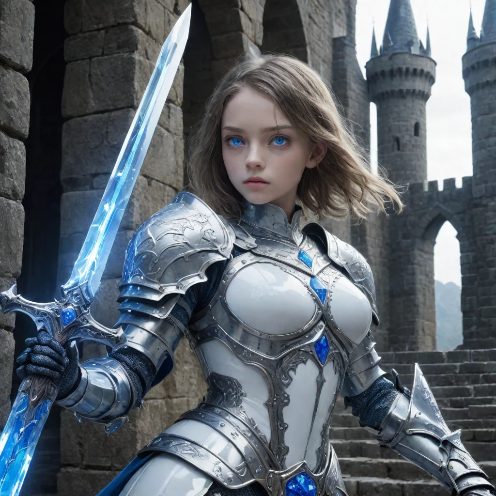 amazing quality,masterpiece,best quality,hyper detailed,ultra detailed,UHD,perfect anatomy,(in castle:1.2),
girl knight in white armor and blue glowing eyes holding oversized blue crystal greatsword with thick edge,dazzling,transparent,polishing,
extremely detailed,
thin,from_side,