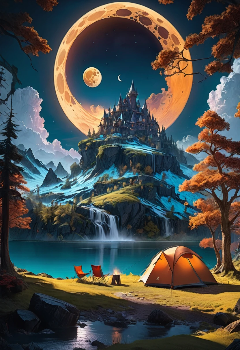 outdoor camping, Camping under a double moon, detailed matte painting, deep color, fantastical, intricate detail, splash screen, complementary colors, fantasy concept art, 8k resolution trending on Artstation Unreal Engine 5