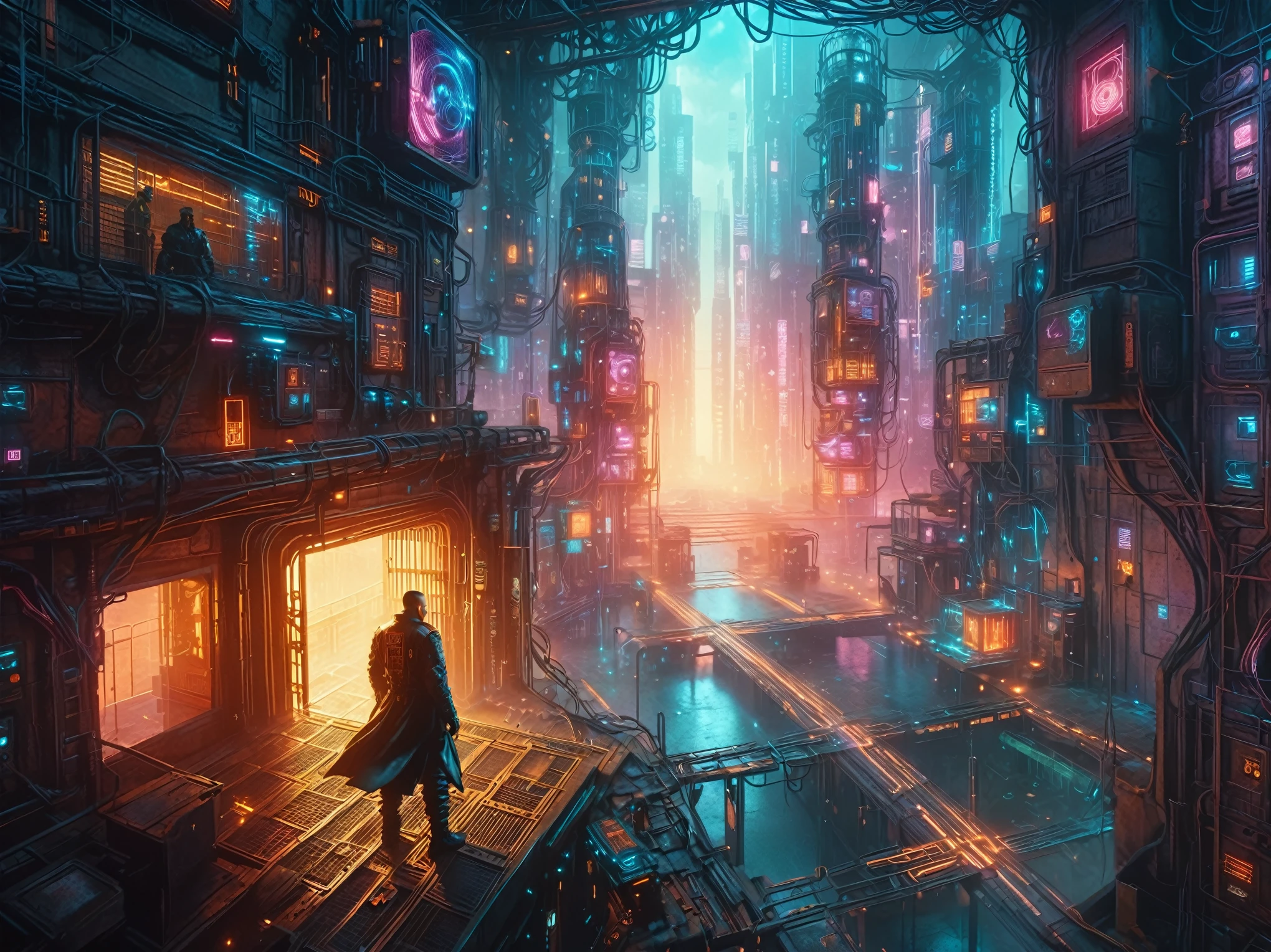 A stunning, high-quality image of a cyberpunk szene of Dangerous Prisioner in jail, prision background, This captivating piece seamlessly blends photography, evokes several portals, illustration, 3D rendering, and painting to create a cinematic experience that evokes both wonder and danger., vibrant, photo, painting, illustration, 3d render, poster, cinematic, dark fantasy