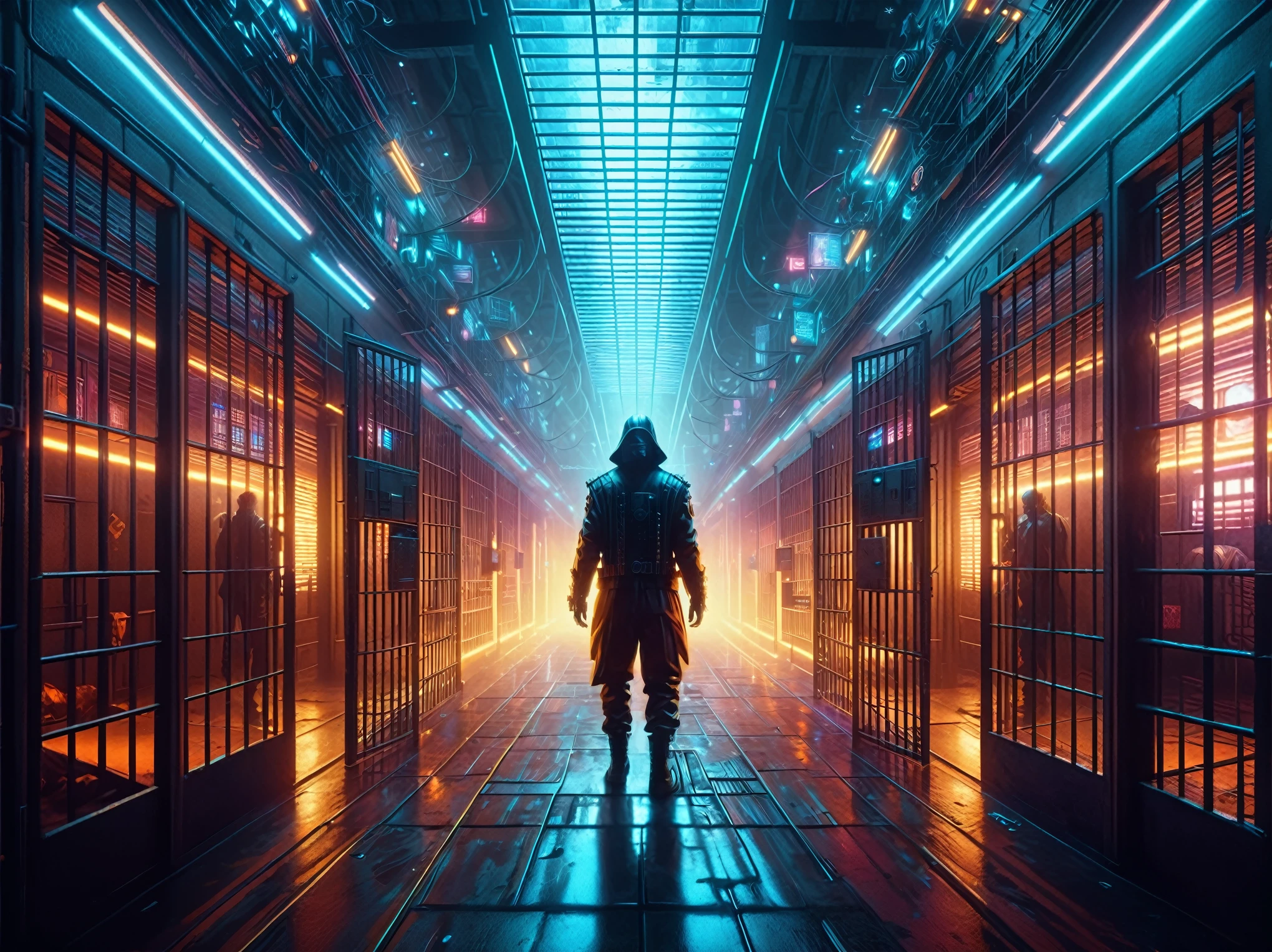 A stunning, high-quality image of a cyberpunk szene of Dangerous Prisioner in jail, prision background, This captivating piece seamlessly blends photography, evokes several portals, illustration, 3D rendering, and painting to create a cinematic experience that evokes both wonder and danger., vibrant, photo, painting, illustration, 3d render, poster, cinematic, dark fantasy