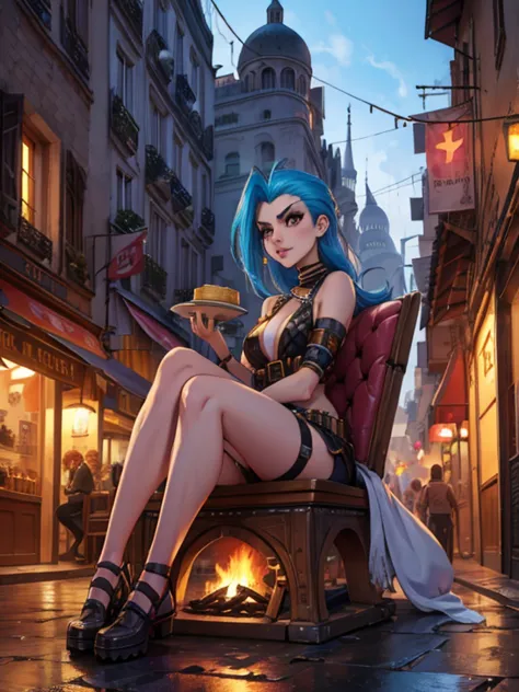 jinx from league of legends , sitting in the streets of paris , eating moroccan tajine
