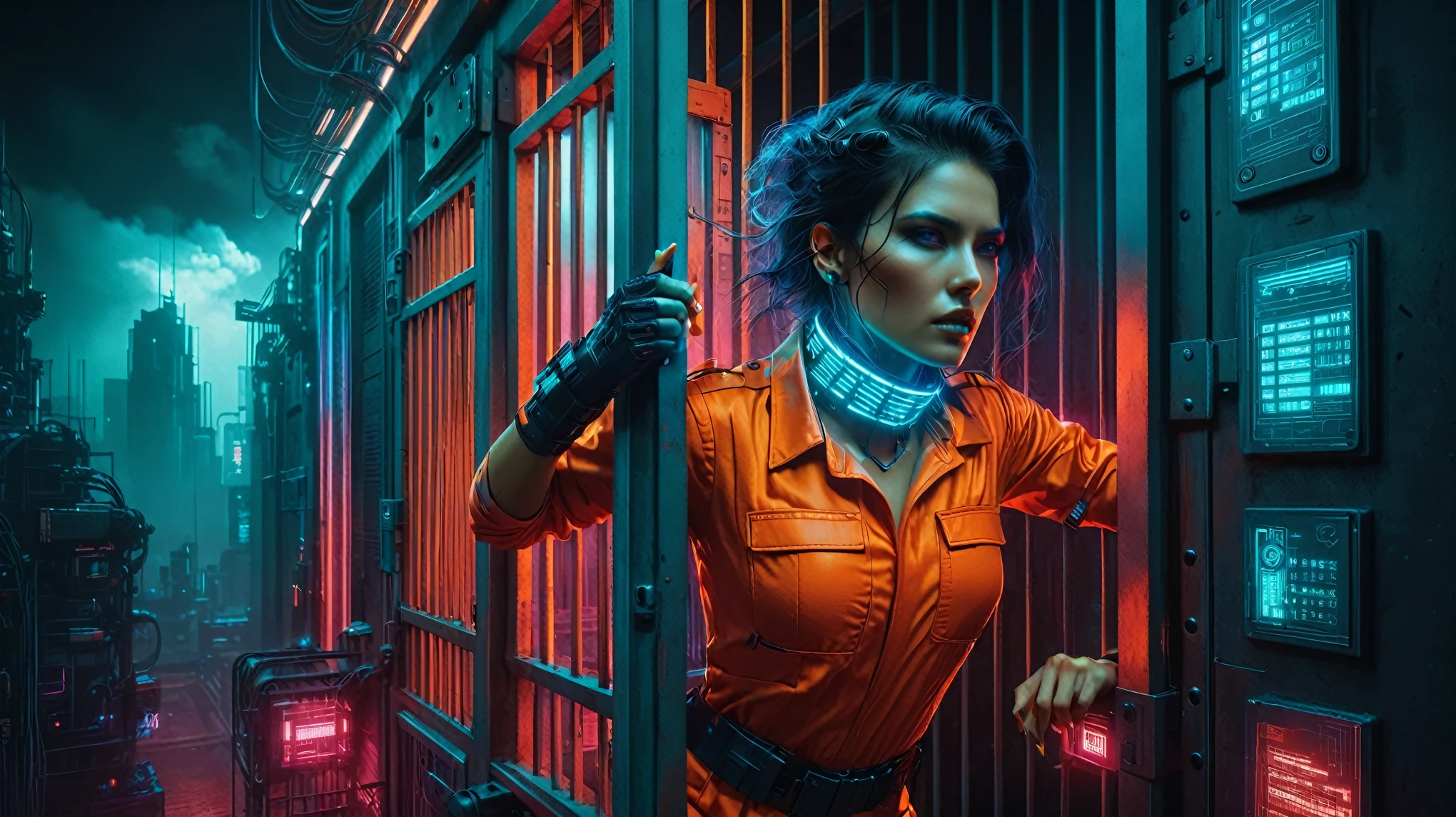 crea una imagen de acción cautivadora de una mujer en un traje naranja y un collar digital en su cuello intentando escapar de la cárcel, ciberpunk, colores rojo azul verde y ambiente oscuro, cara de belleza, tan serio