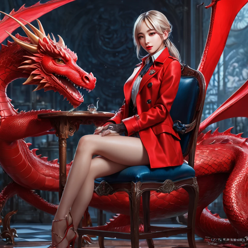 A woman in a red coat sitting on a chair with a dragon, popular on ArtStation Pixiv, detailed anime artwork, detailed digital anime art, complex gorgeous anime CGI style, guvez on pixiv art station, guvez on pixiv, anime fantasy illustration, detailed anime art, clean detailed anime art, detailed key anime art, red lip micro-open, nude