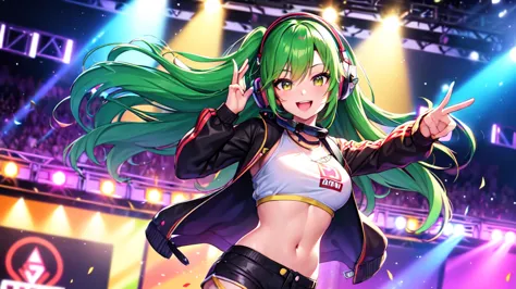 anime girl,club jacket and shorts, headphones,dj turntable set,club lighting,stage,confetti,dancing,smiling,(best quality:1.2),(...