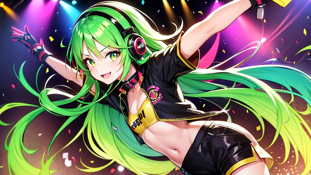 anime girl,club jacket and shorts, headphones,DJ turntable set,club lighting,stage,confetti,dancing,smiling,(best quality:1.2),(ultra-detailed:1.2),(realistic:1.37),HDR,vivid colors,portraits,shorts,headphone girl,energetic pose,colorful lights,stage set,confetti raining,joyful expression,dance floor ,anime style, atmosphere,techno music,electronic dance music,festival vibes,hip hop beats,festival outfit,energetic dance moves,expressive eyes,long hairstyle with vibrant green and red color hair, gold eyes, elaborate makeup neon lights,beaming smile,positive vibes,high-energy performance,stylized backgrounds,colorful visuals,excitement in the air, mid body portrait, back turned 