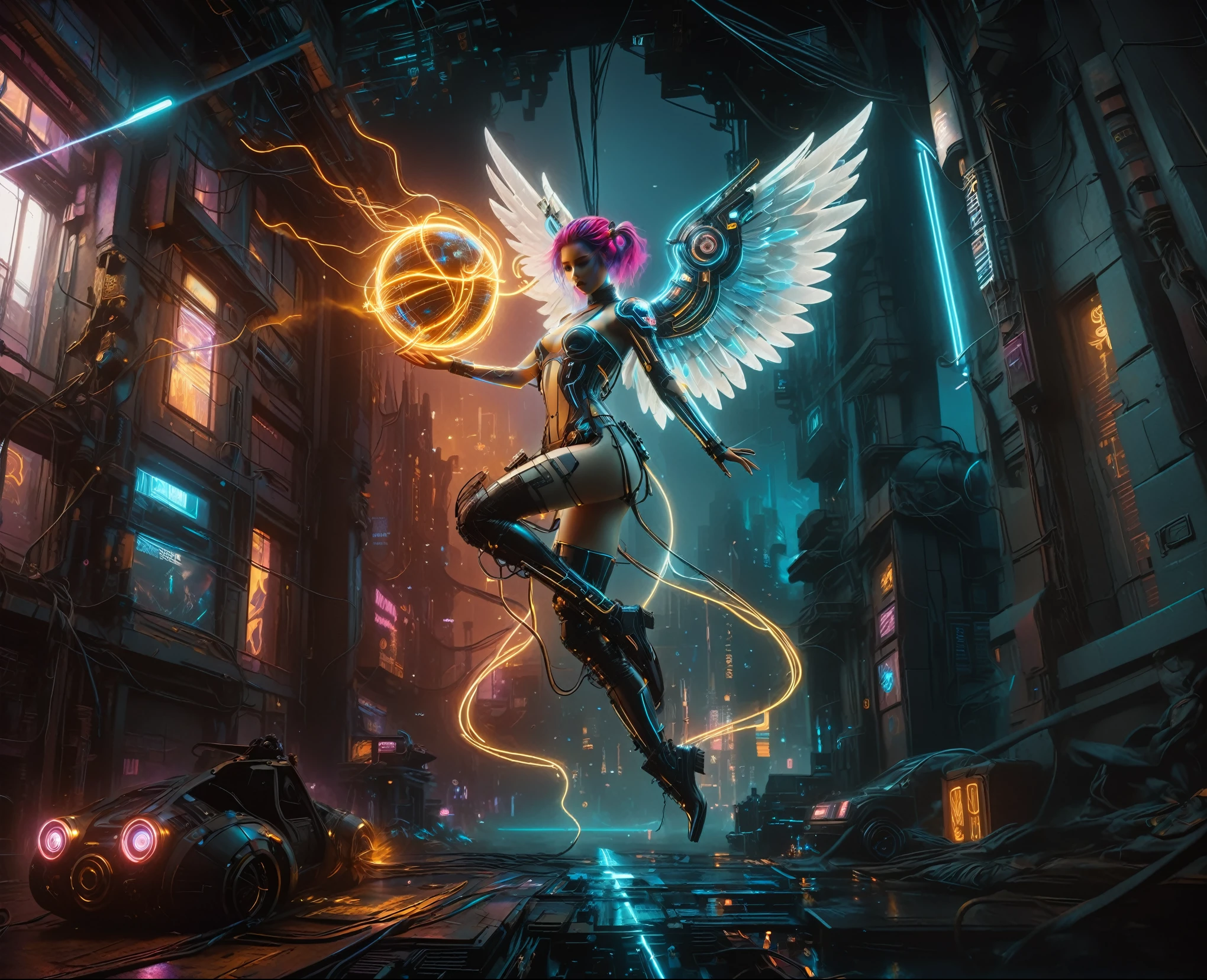 A stunning, high-quality image of a cyberpunk szene This captivating a Angel beauty teen woman cyberpunk, floating on the air, in her handas has a electric power sphere, piece seamlessly blends photography, dark and neon awesome combination, orange yellow, blue and Black, illustration, 3D rendering, and painting to create a cinematic experience that evokes both wonder and danger, vibrant, photo, painting, illustration, 3d render, poster, cinematic, dark fantasy