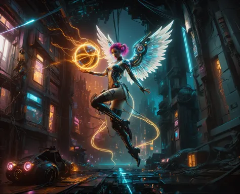 A stunning, high-quality image of a cyberpunk szene This captivating a Angel beauty teen woman cyberpunk, floating on the air, i...
