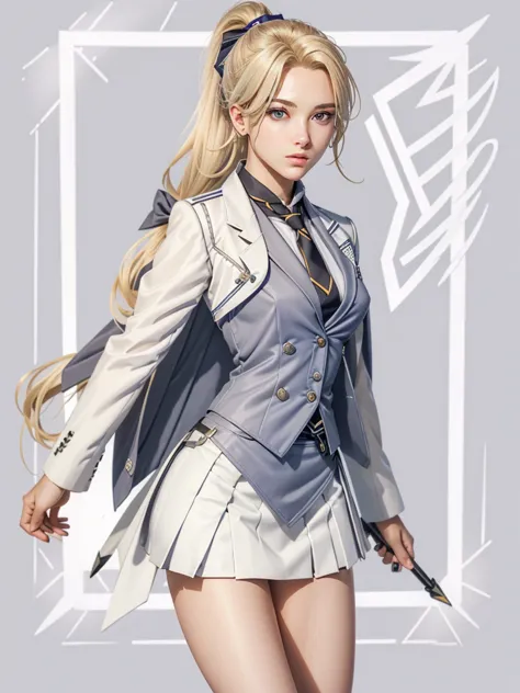 mercyover, 1girl, mercy (overwatch), (((skirt suit))), (((three-piece suit))), dress shirt, (((necktie))), (((blazer))), (((suit...