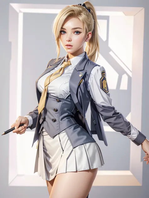 mercyover, 1girl, mercy (overwatch), (((skirt suit))), (((three-piece suit))), dress shirt, (((necktie))), (((blazer))), (((suit...