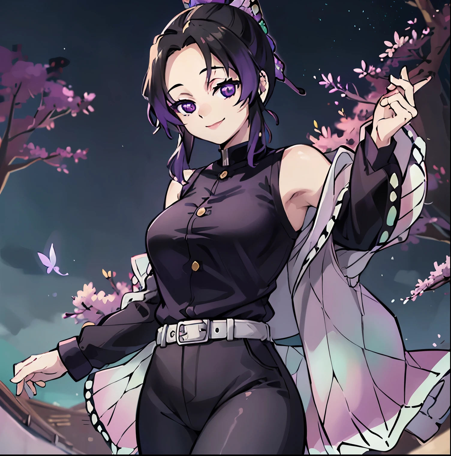 Anime girl with purple hair and black outfit holding a cigarette - SeaArt AI