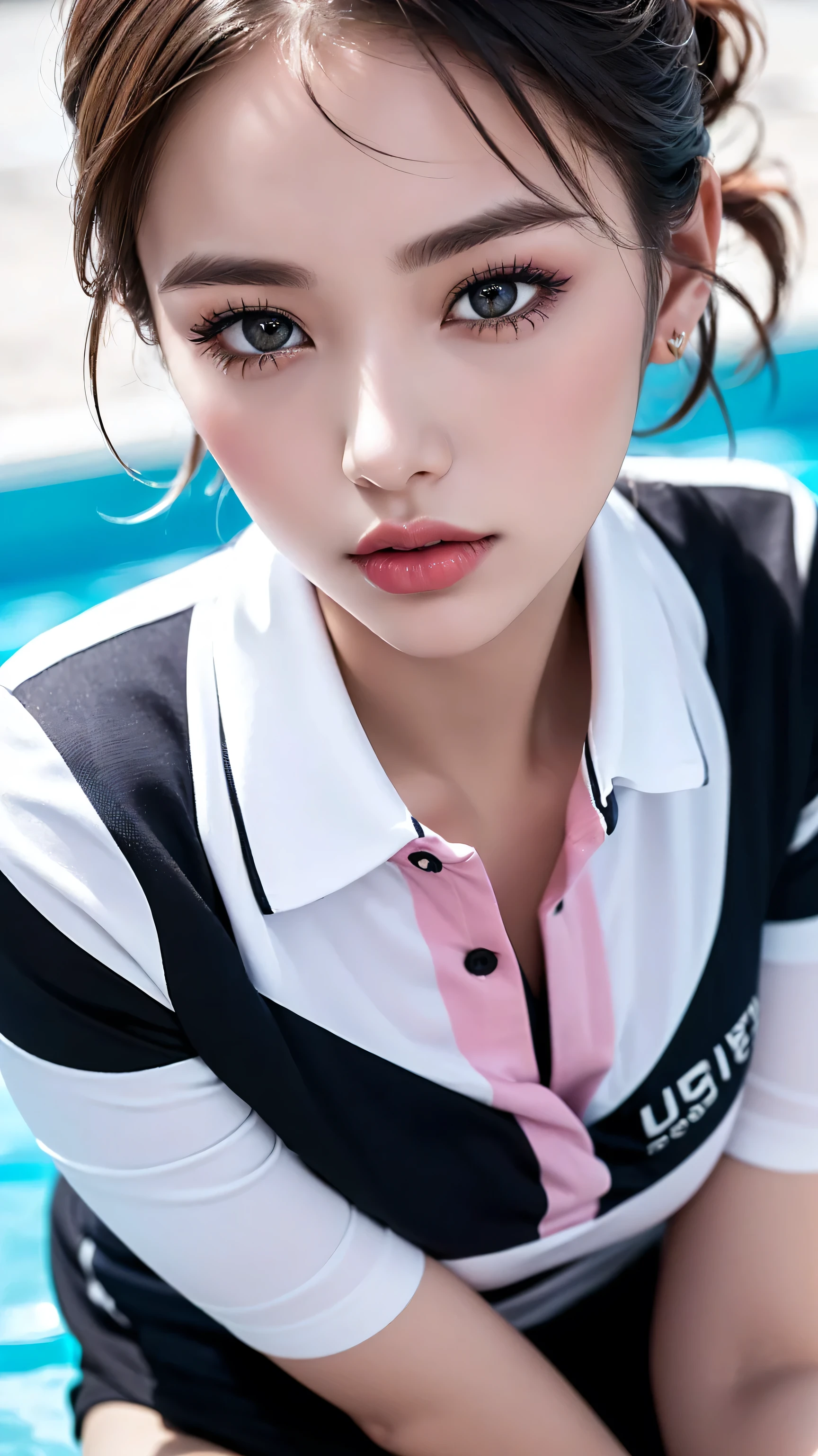 (Realism), (Highest resolution), ((Hyper absurd details of realistic perfectly round brown_eyes:1.3 in hyper absurd quality and resolution)), (light pale complexion), ((Ultra-realistic sharp eyes, clear absurd quality, not blurry)), ((finely detailed pupils:1.4)), (Perfekt makeup:1.35), ((Ultra details symmetrical lips:1.3)), (light glossy pink_lipstick:1.35), ((Ultra detailed realistic long_blue_eyelashes:1.25), Ultra absurd quality), ((perfect dark_eyeshadows:1.45)), (above the knee shot:1.21), (Close your mouth:1.21), (high quality:1.4), (Ultra-realistic), UHD, (masterpiece:1.2)), (Improvement of quality:1.4), (Very beautiful facial details), (best High quality realistic skin texture:1.4), Hyper Photorealistic ((portrait)) a 1. woman, Supermodel, 17 years old, Perfect Anatomy:1.37, Japanese woman, high school girl, Boyish woman, gravure, sexy, (Black shirt:1.21), (Black short-sleeved sports polo shirt:1.6), (Navy Pleated Skirt:1.21), (By the vast summer pool:1.37), Perfect composition, (Beautiful Lips:1.33), (Great nose:1.2), (Flat Chest), (Slim lower body), (handsome short hair:1.37), (Black Hair:1.21), Let your bangs hang long, ((Sharp focus)), dramatic cinematographic lighting,
