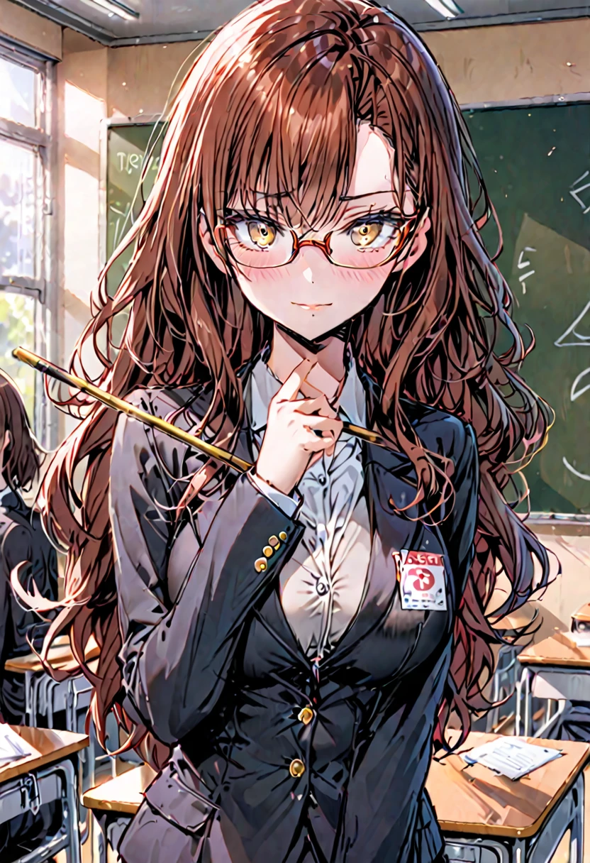solo, SFW, female, wavy hair, thick hair, auburn hair, golden eyes, large breasts, teacher, indicating stick, short kirt, tight clothes, thin-rimmed glasses, shy smile, blush, classroom, suit, blazer