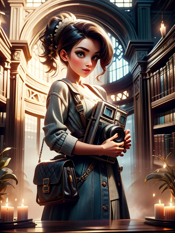 affiche belle et mignonne femme portant un livre et un appareil photo à la bibliothèque