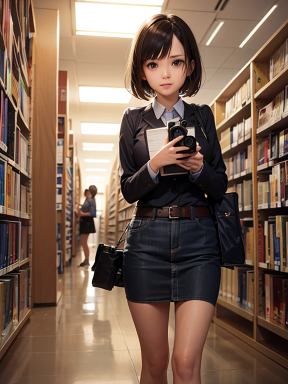 cartel hermosa y linda mujer con libro y cámara en la biblioteca