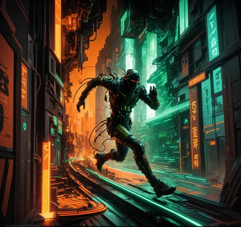 A stunning, high-quality image of a cyberpunk szene This captivating male dark android runing similar, running, piece seamlessly...