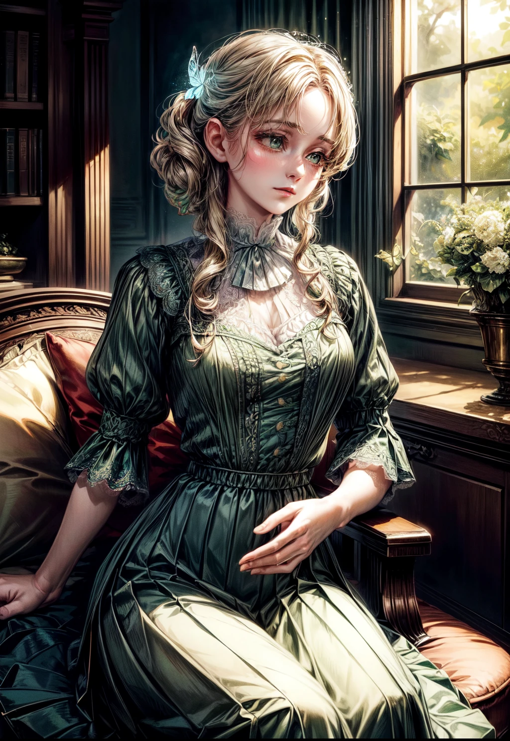 (Edwardian style, masterpiece, best quality, 1girl, green dress, pleated lace, butterfly heart, elegant, refined, graceful, soft lighting, warm colors, photorealistic, intricate details, delicate lace, ethereal beauty, natural environment, serene, tranquil)