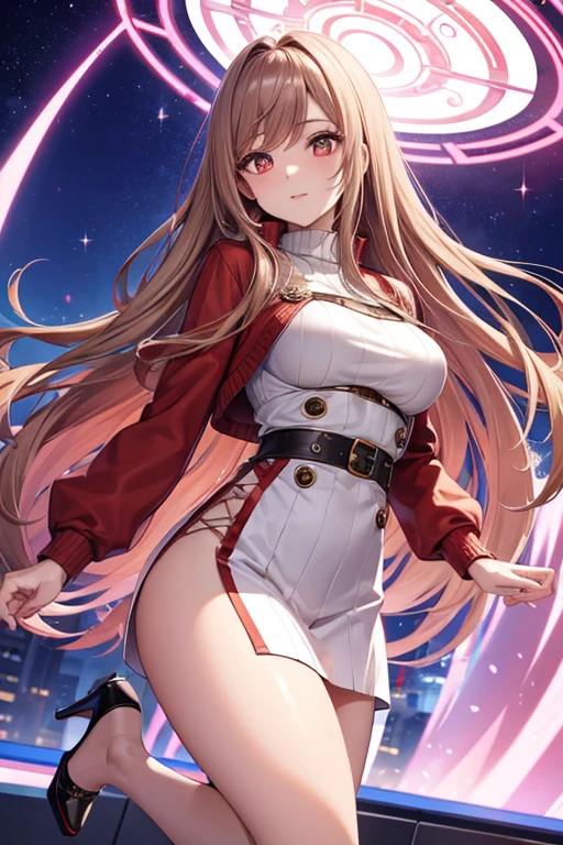 Game , goddess of victory nikke, Rapi , light brown hair,  alluring eyes ,beautiful face , crystal red eyes ,  long hair ,sweater shirt, cream colour shirt, trousers, cheerful eyes, ,g cup breast, slender waist, bewitching thighs, , five fingers each hand, two hand ,two leg , in town, date, hunch over, standing, beautiful, high heels, night life